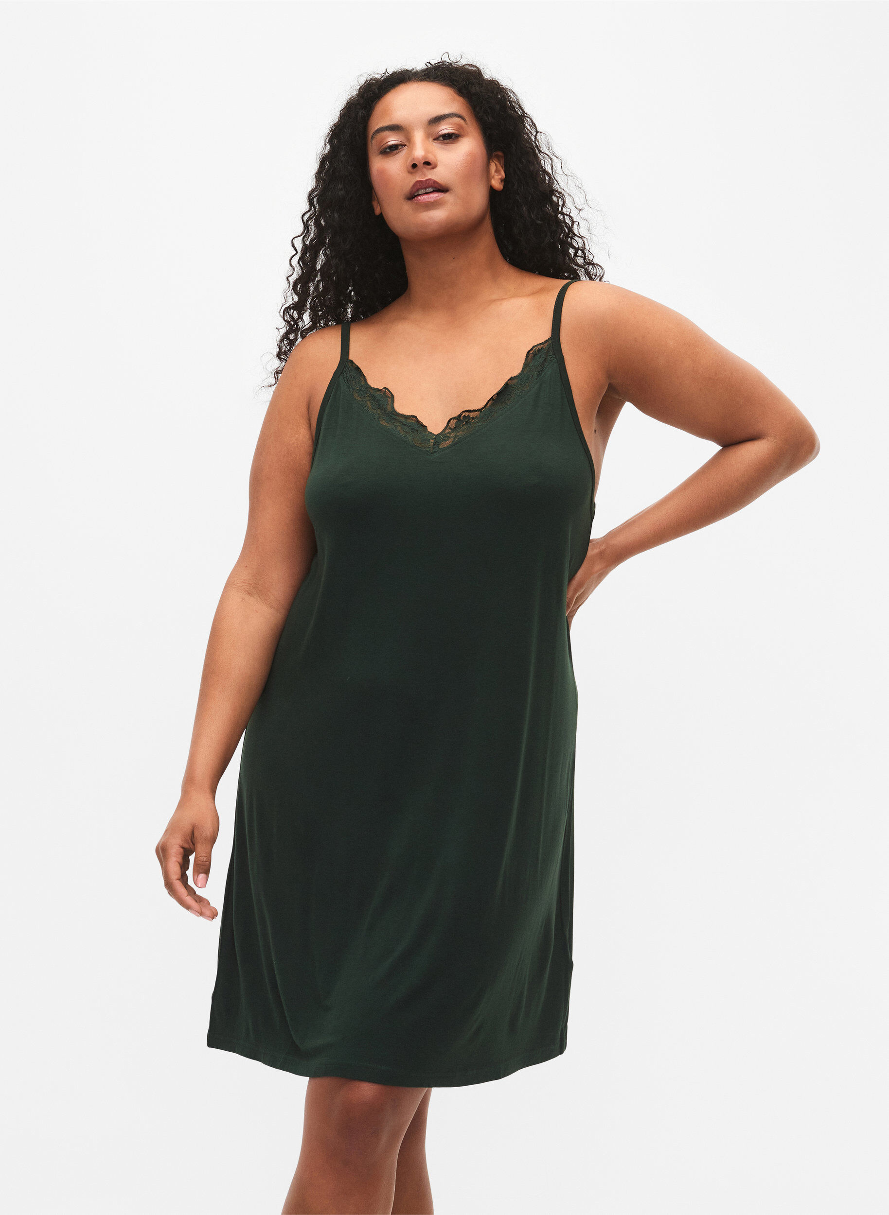 Viscose nightgown with lace trim, Green, Model