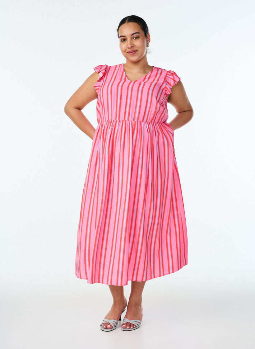 Striped midi dress with an empire cut and ruffles, Pink, Model image number 0
