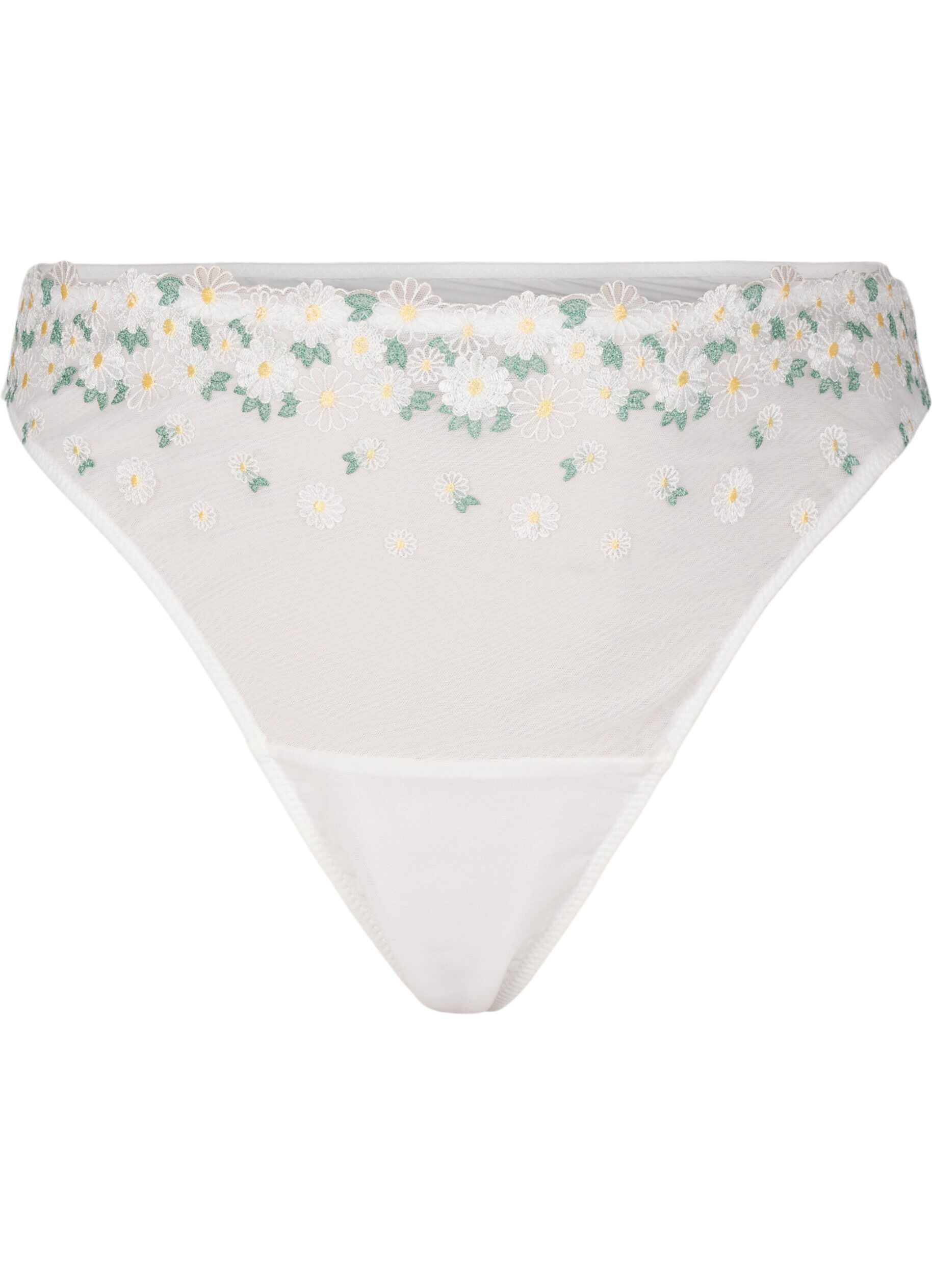 Zizzifashion Mesh thong with daisy embroidery, White, Packshot image number 0