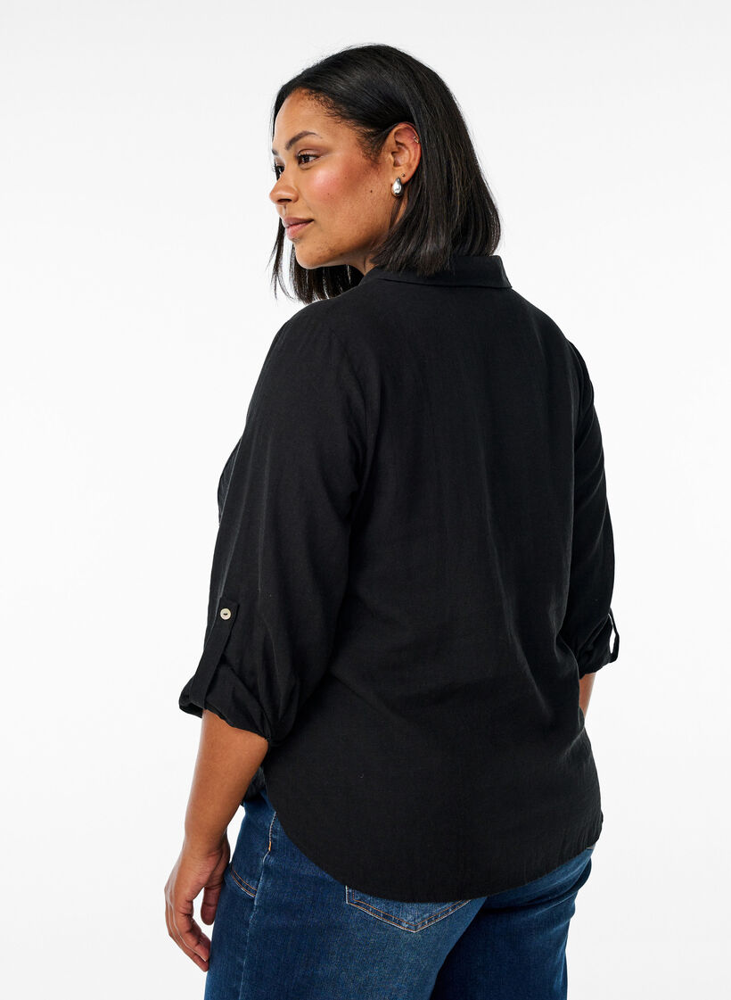 Shirt in linen and viscose with 3/4 sleeves, Black, Model image number 2