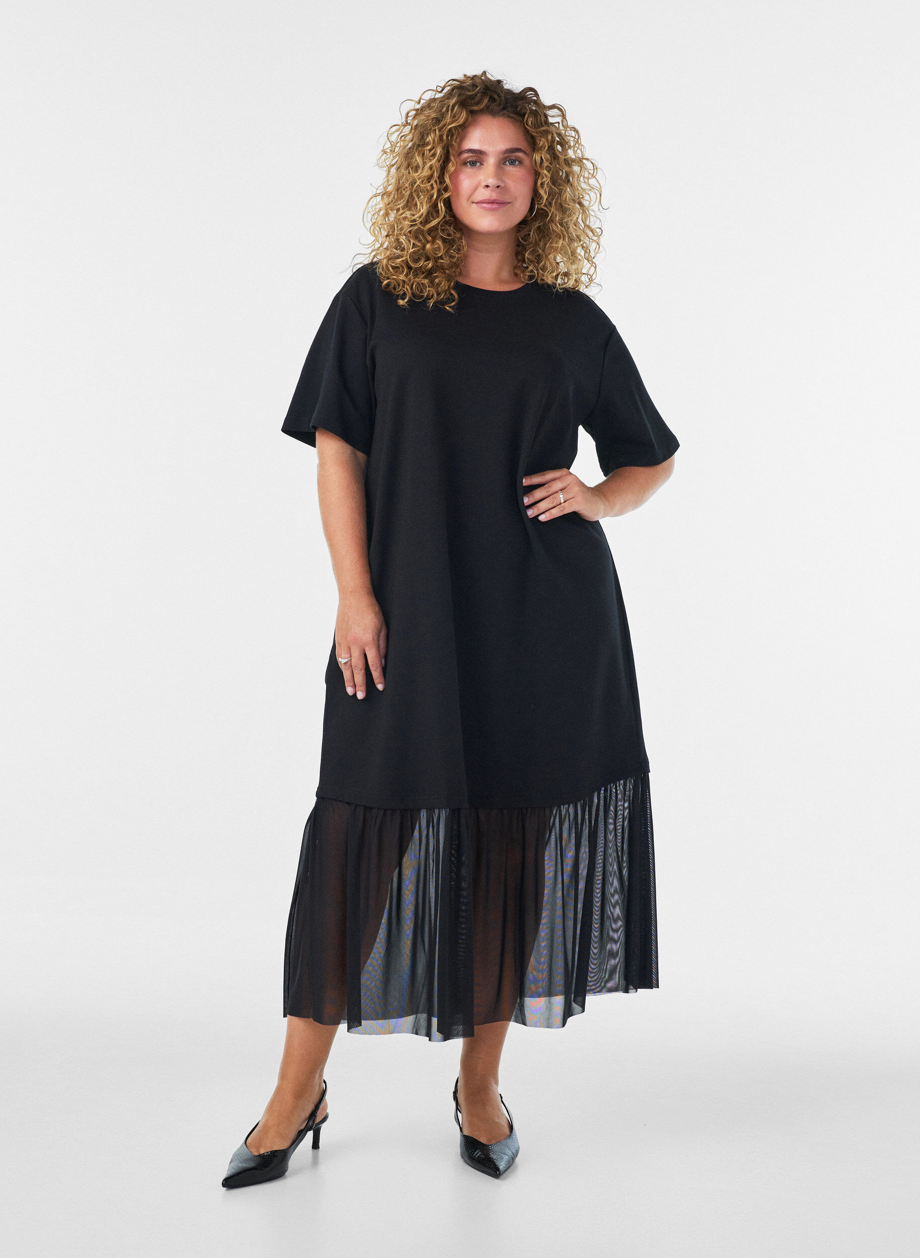 ZizzifashionT-shirt dress with a sheer mesh hem, Black, Model image number 0