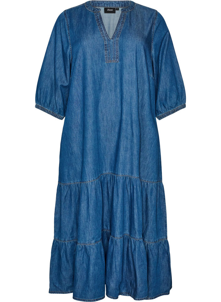Denim maxi dress with frilled tiers, Blue, Packshot image number 0