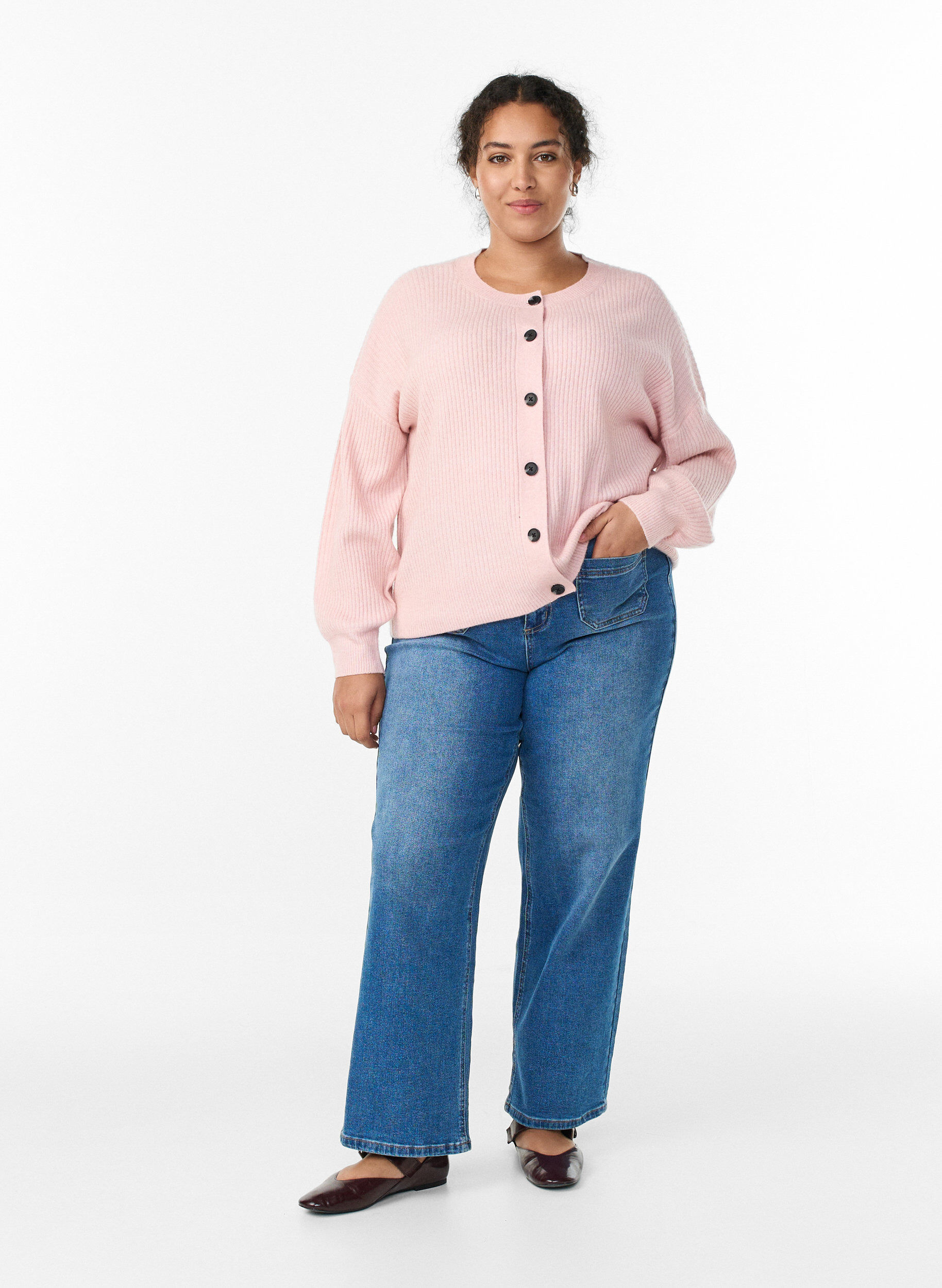 Zizzifashion Ribbed cardigan with buttons, Pink, Model image number 1