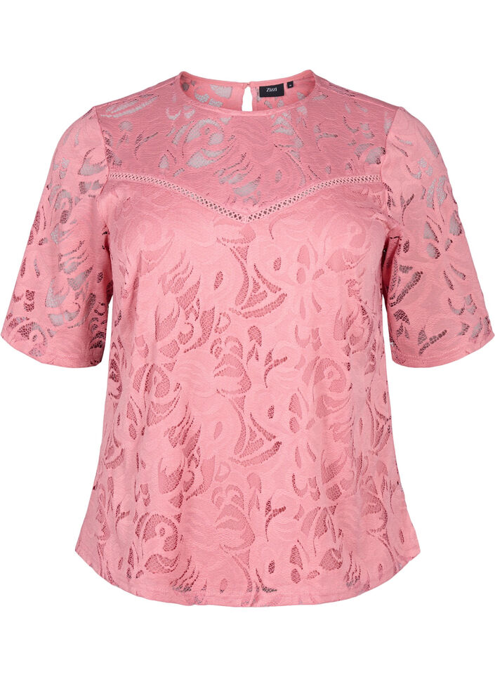 Lace blouse with short sleeves, Dusty Rose, Packshot image number 0