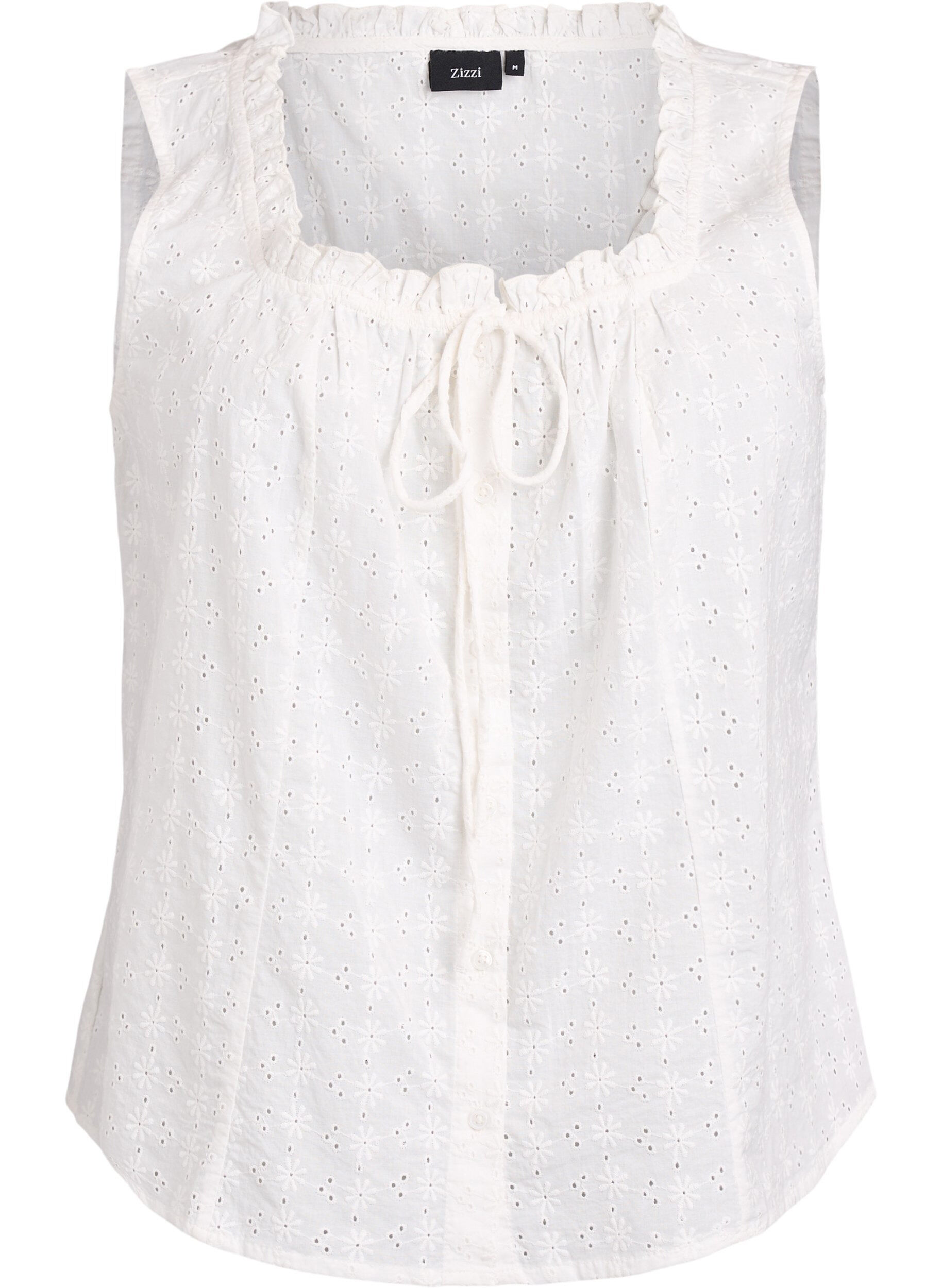 Zizzifashion Sleeveless blouse with broderie anglaise and ruffles, Vanilla, Packshot image number 0