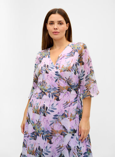 Floral wrap dress with 3/4-length sleeves, Orchid Bouquet AOP, Model image number 1