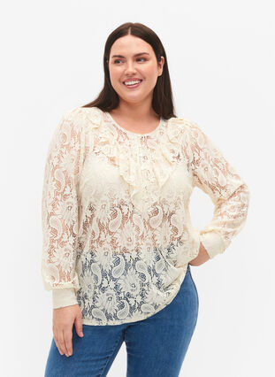 Lace top with frill detail, Off White, Model image number 0