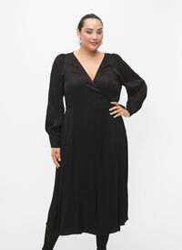 Long-sleeved viscose dress with tone-on-tone print, Black, Model