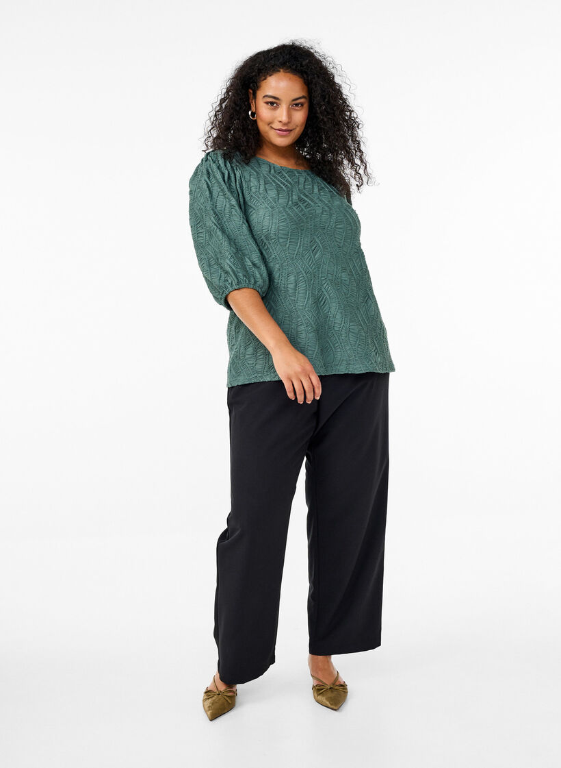 Blouse with texture and 3/4 sleeves, Green, Model image number 1