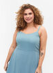 Plain coloured viscose strap dress with smock, Smoke Blue, Model image number 2