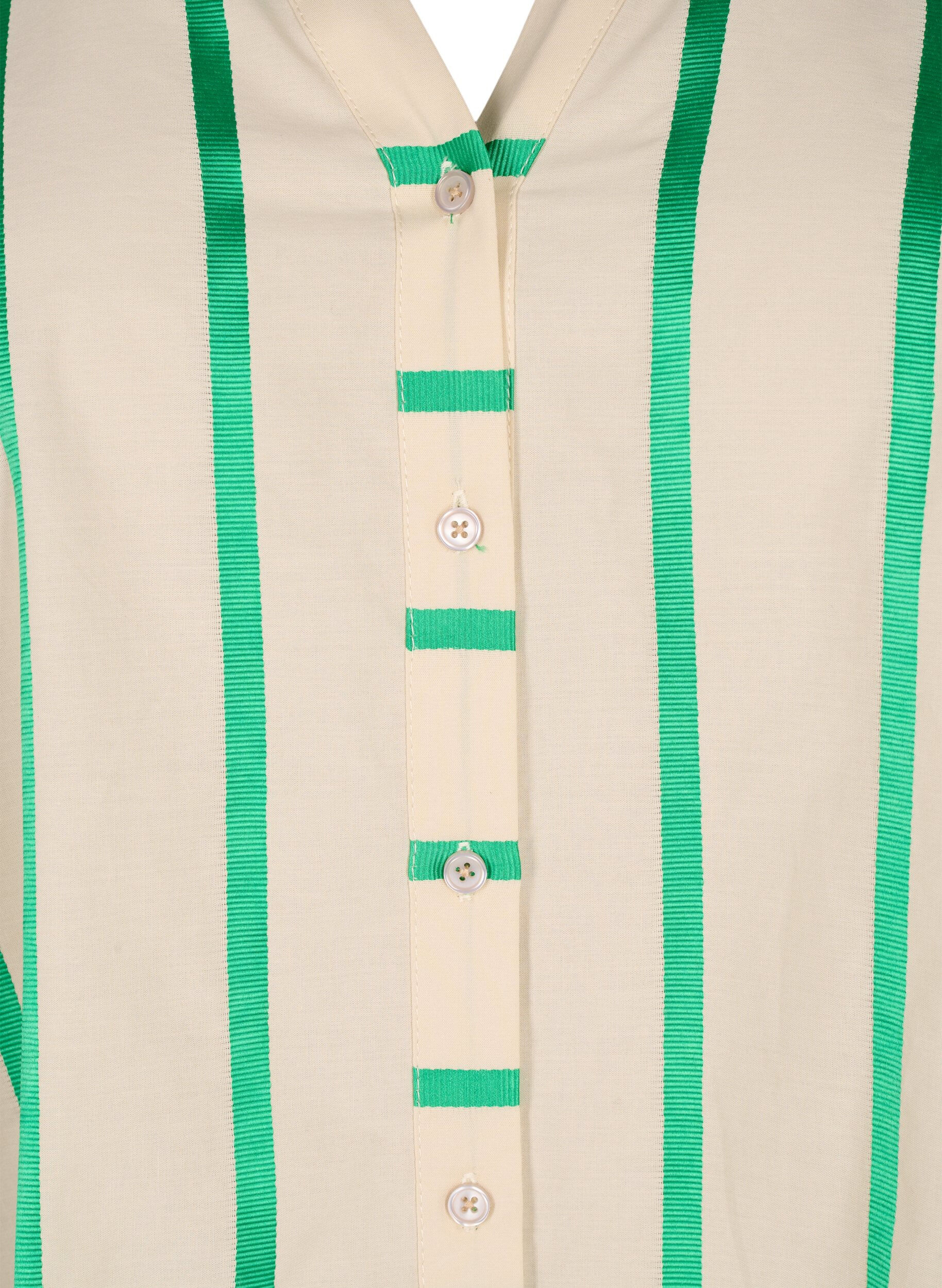 Zizzifashion Striped cotton shirt blouse with ruffle collar, Beige Green Stripe, Packshot image number 2