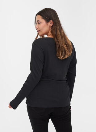 Long sleeve ribbed blouse with button detailing, Black, Model image number 1