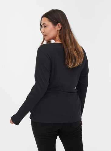 Long sleeve ribbed blouse with button detailing, Black, Model image number 1
