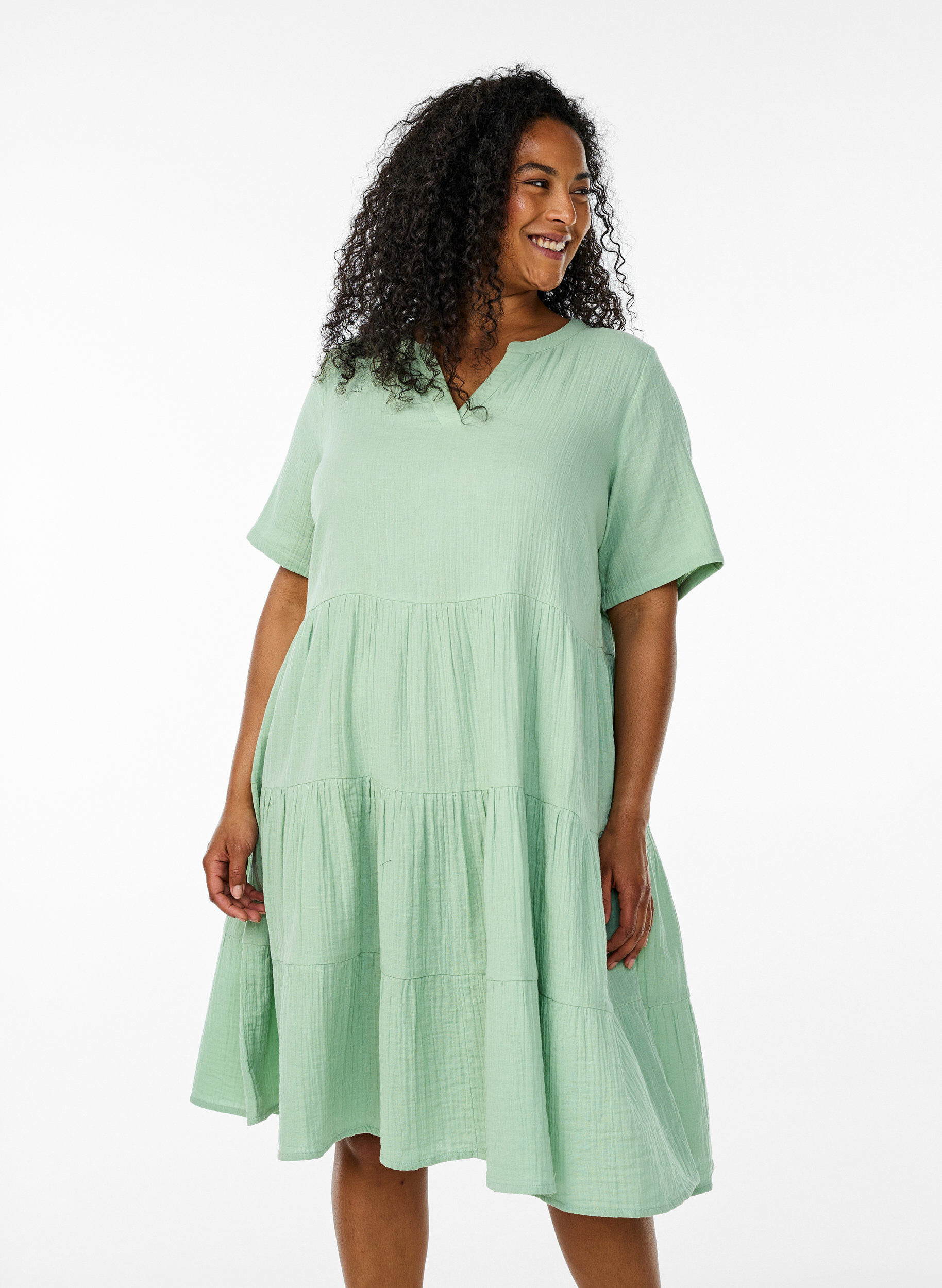 Zizzifashion Knee-length cotton muslin dress with an A-line cut, Green, Model image number 0