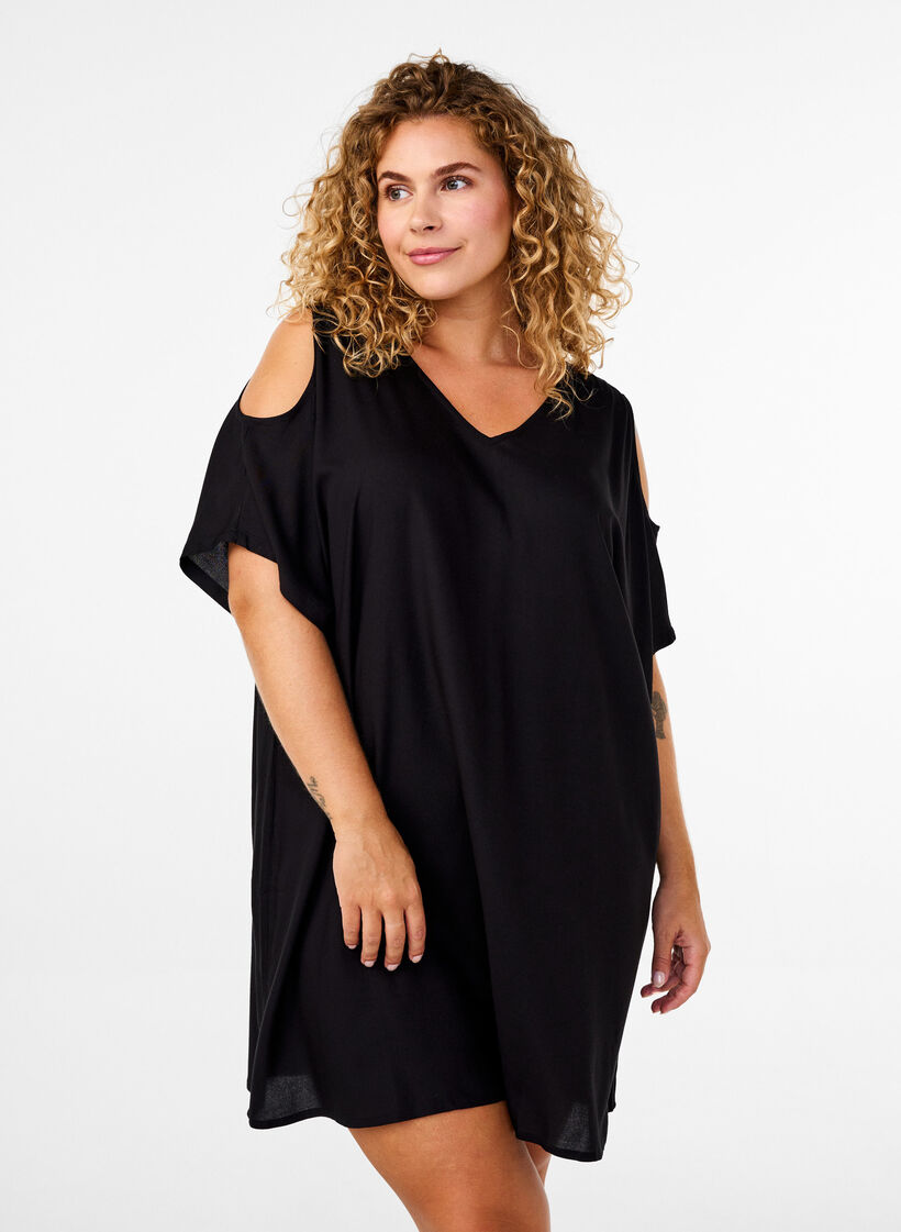 Beach dress in viscose with shoulder detail, Black, Model image number 0