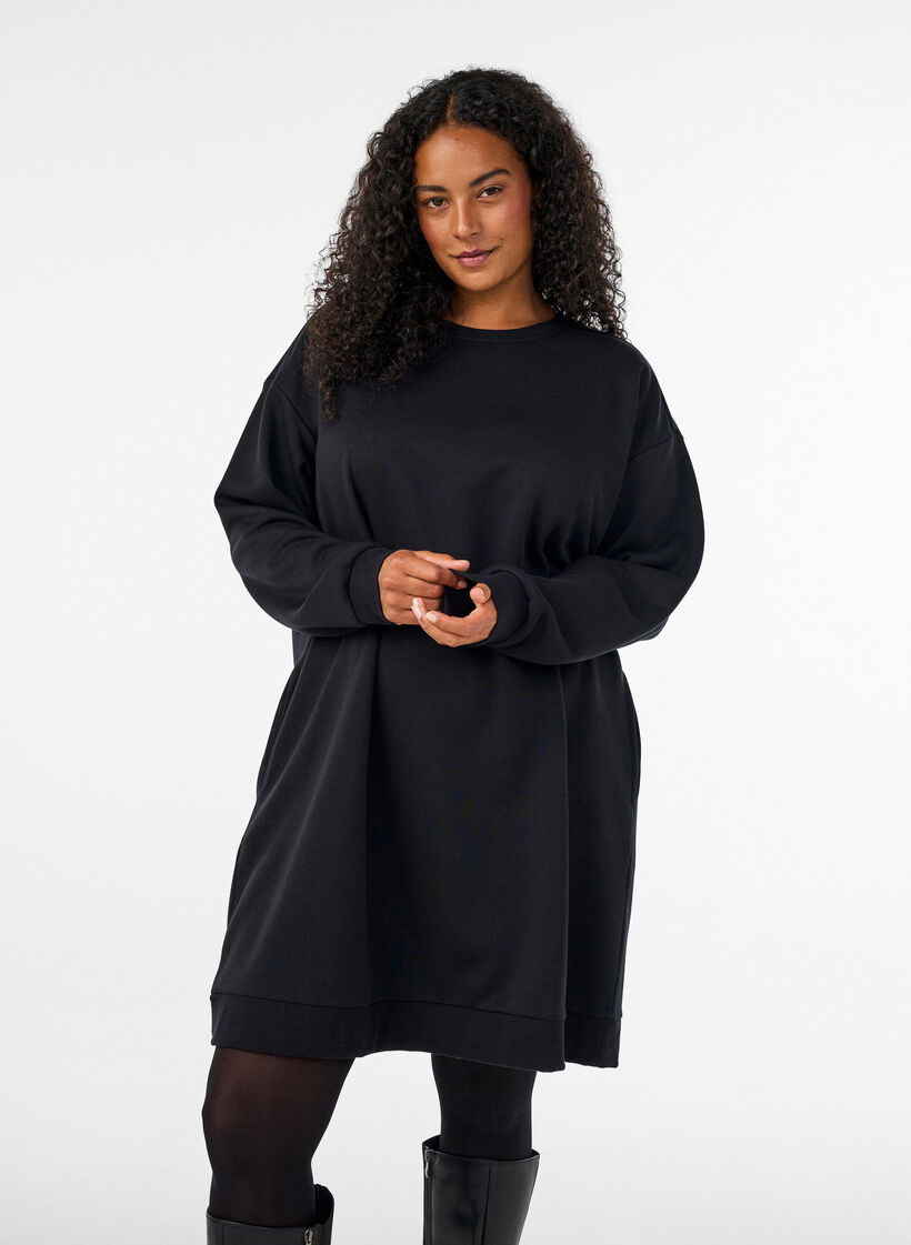 Loose sweatshirt dress with pockets, Black, Model image number 0