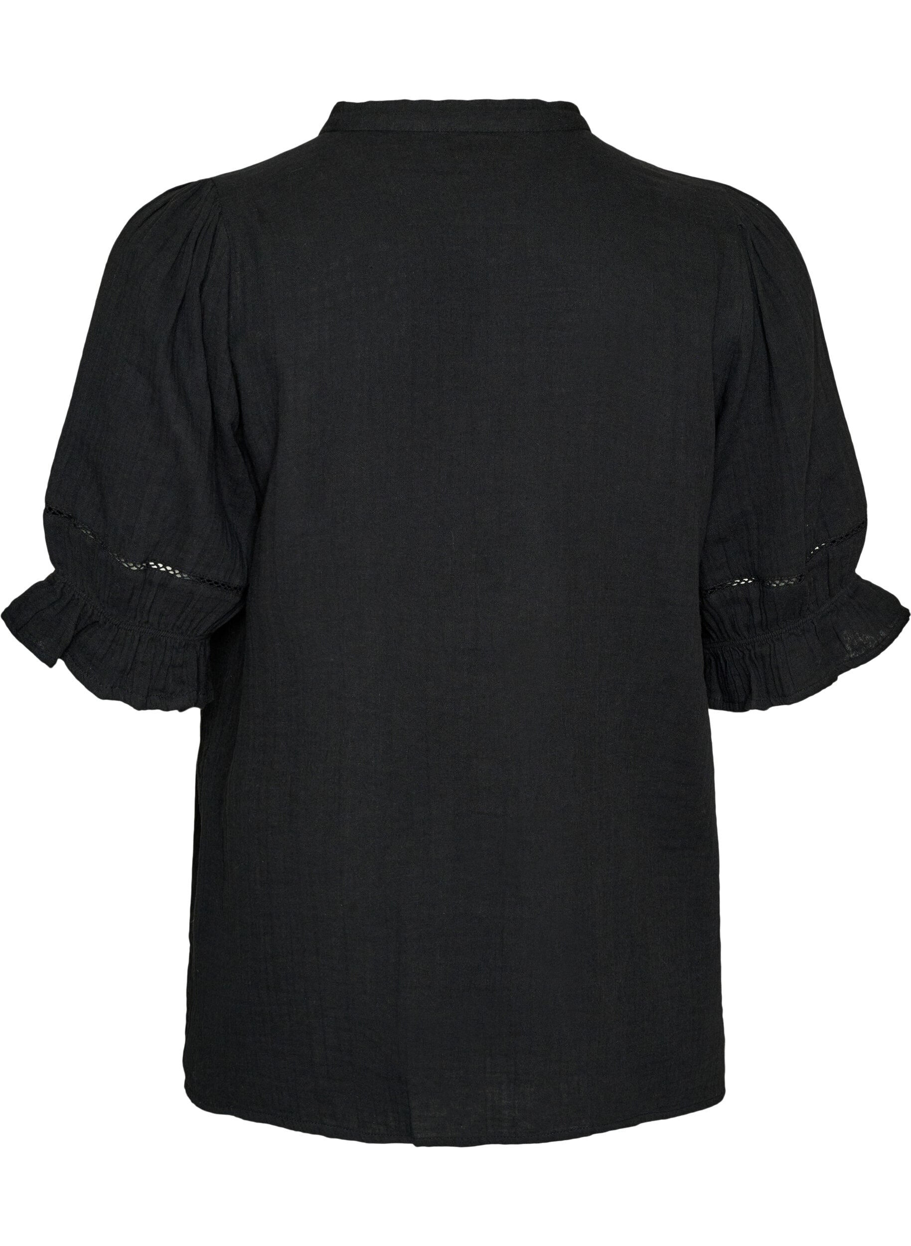Zizzifashion Short-sleeved cotton muslin blouse with crochet trim, Black, Packshot image number 1