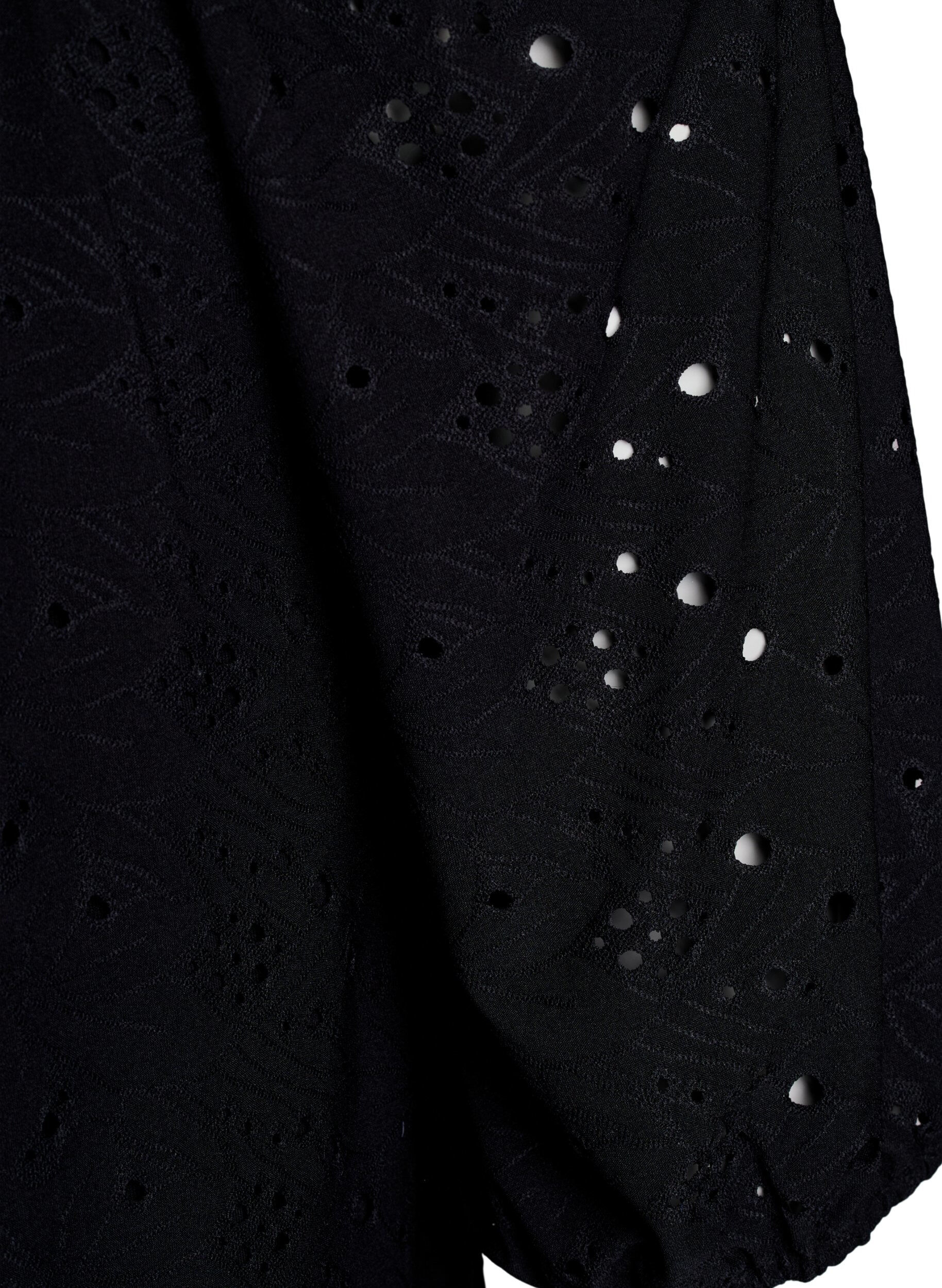 Zizzifashion Blouse with short puff sleeves and an openwork pattern, Black, Packshot image number 3