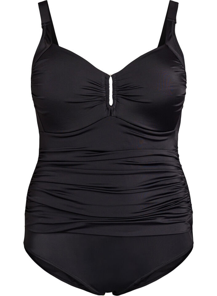 Swimsuit with ring detail and draping, Black, Packshot image number 0