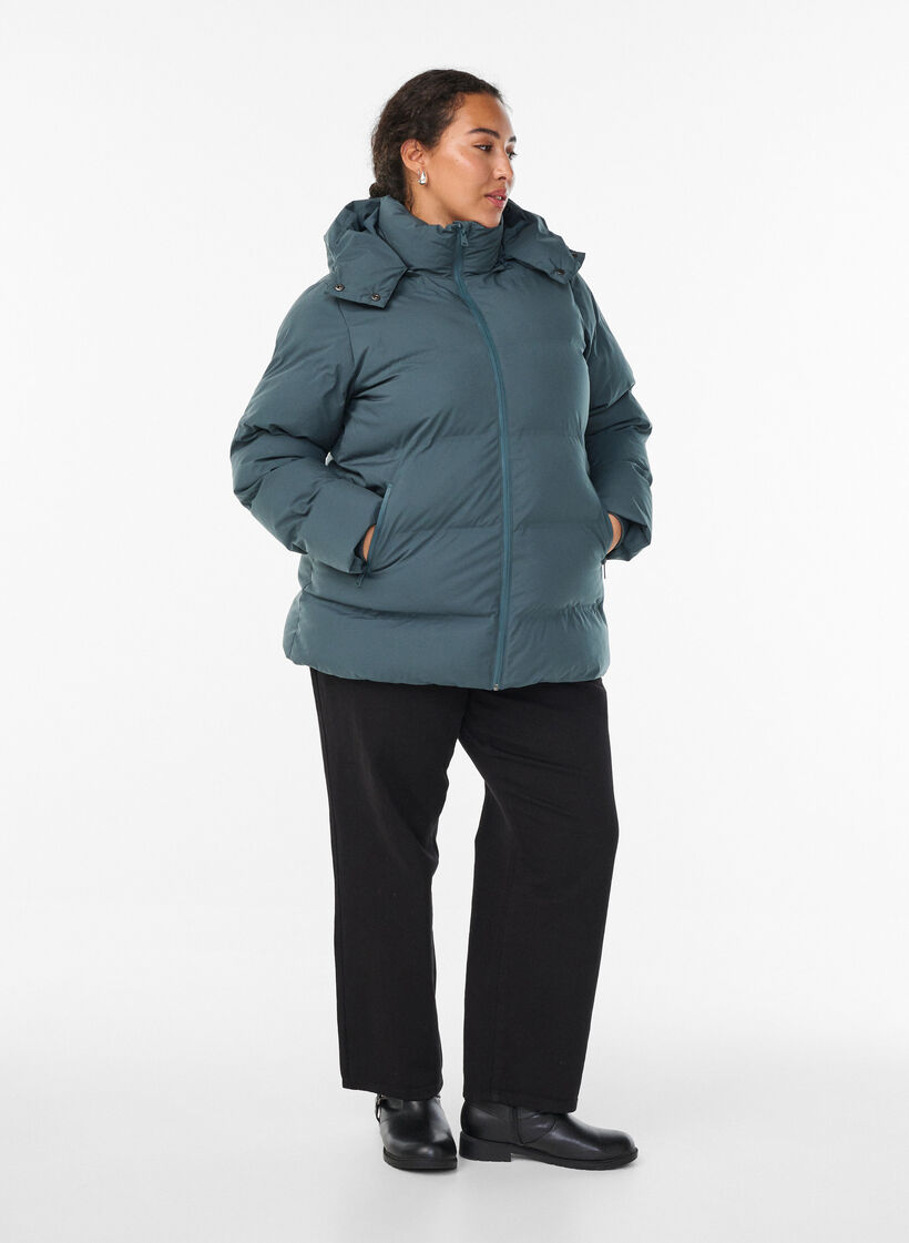 Short puffer jacket with detachable hood, Green, Model image number 1