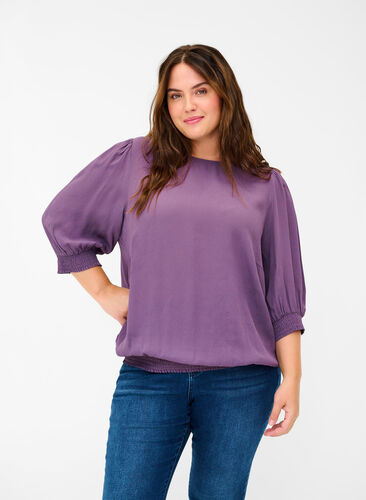 Viscose blouse with 3/4 sleeves and smock, Vintage Violet, Model image number 0