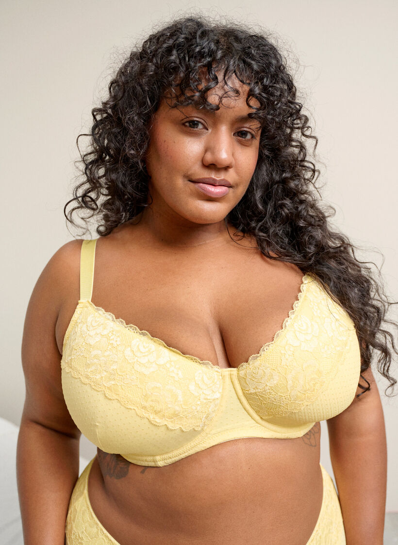 Padded bra with lace and dobby texture, Yellow, Image image number 0