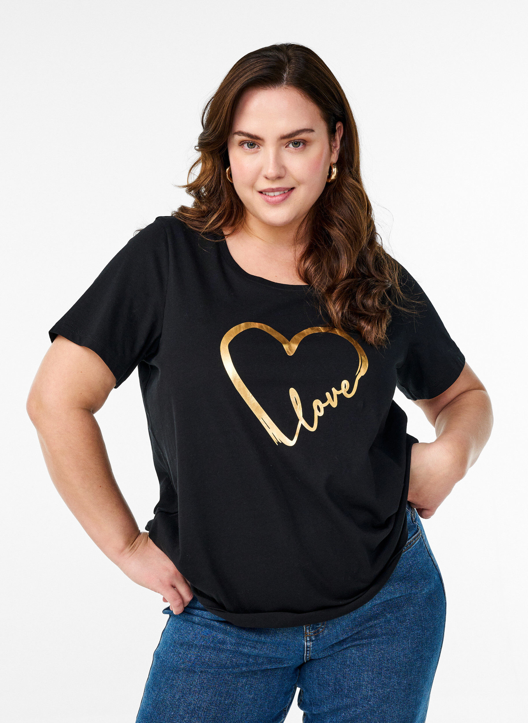 Zizzifashion Cotton T-shirt with motif, Black w. Gold Love, Model image number 0