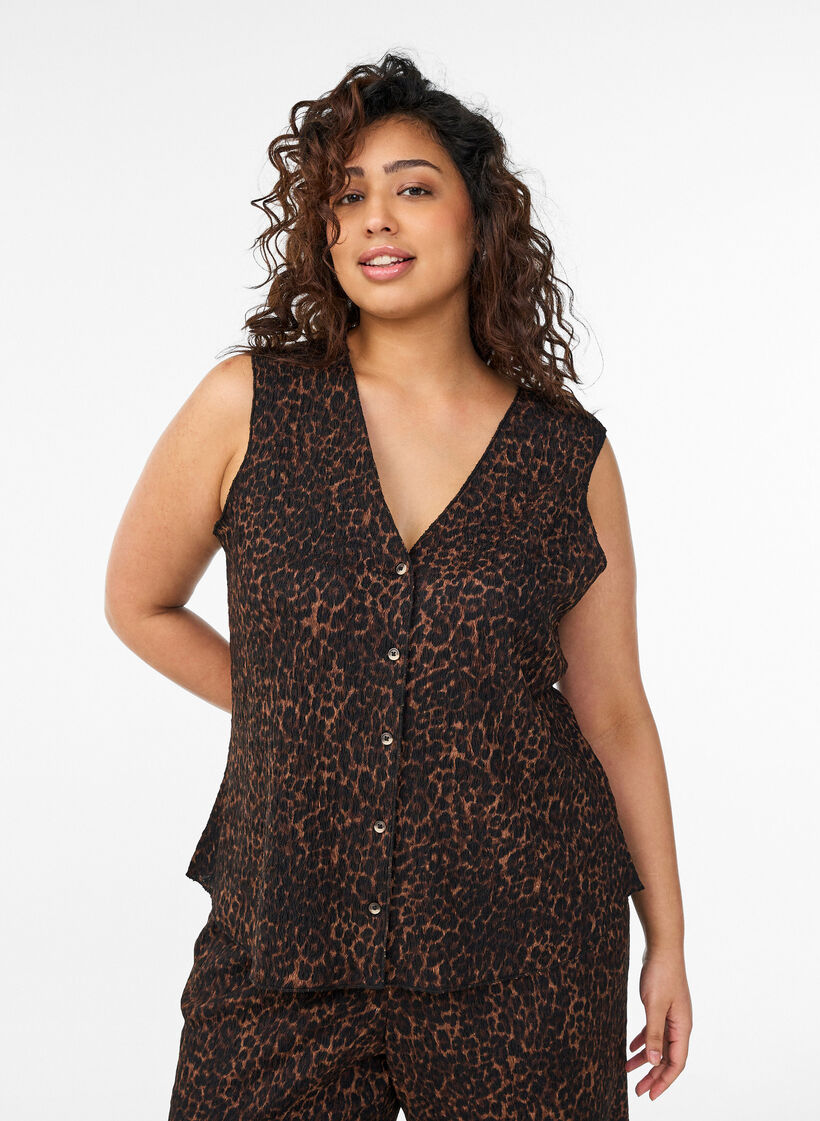 Sleeveless top with a wavy texture and button fastening, Brown, Model image number 0