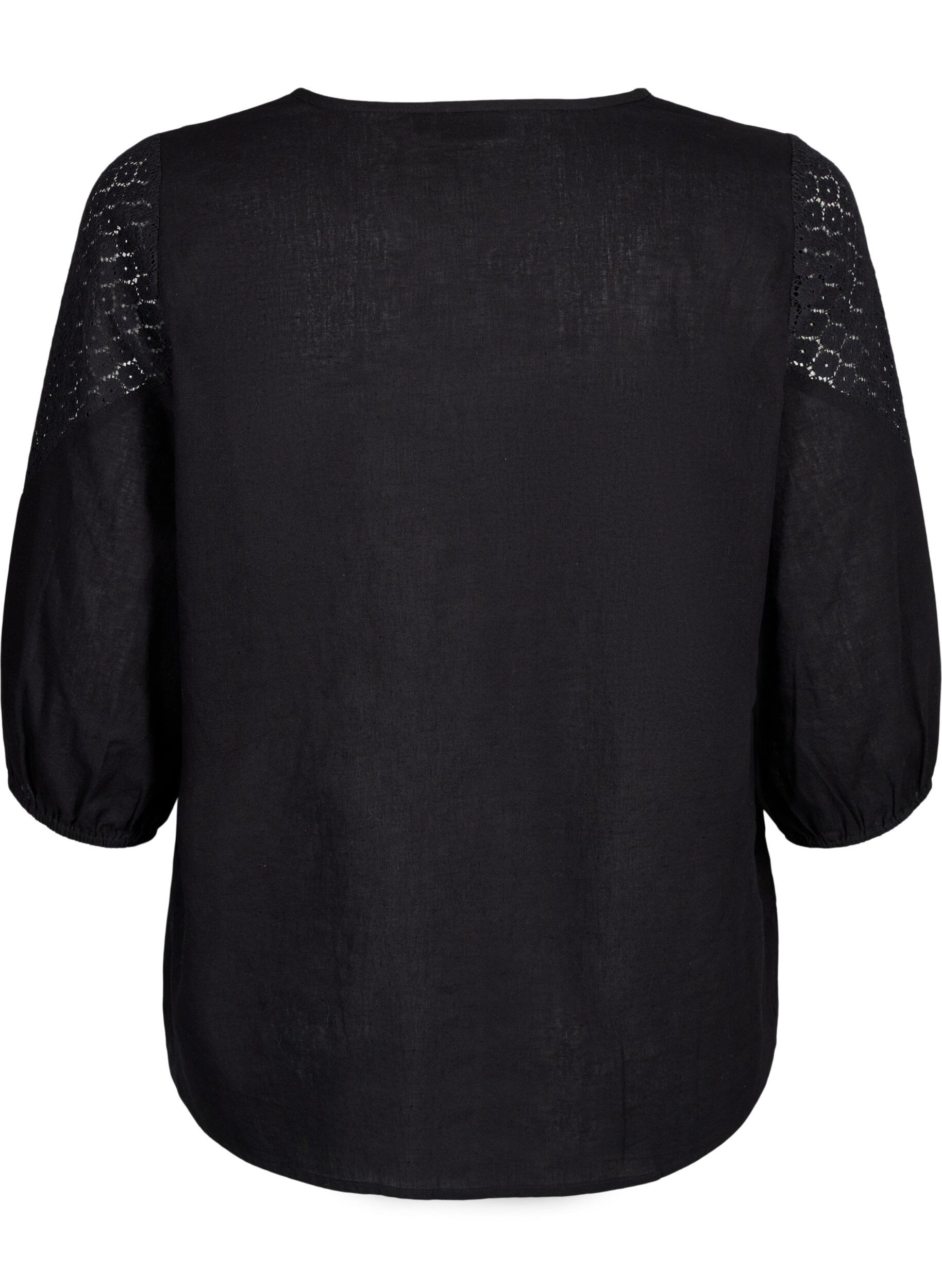 Zizzifashion Blouse in a cotton mix with linen and crochet detail, Black, Packshot image number 1