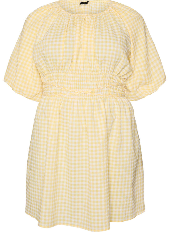 Short small check dress with balloon sleeves, Yellow, Packshot image number 0