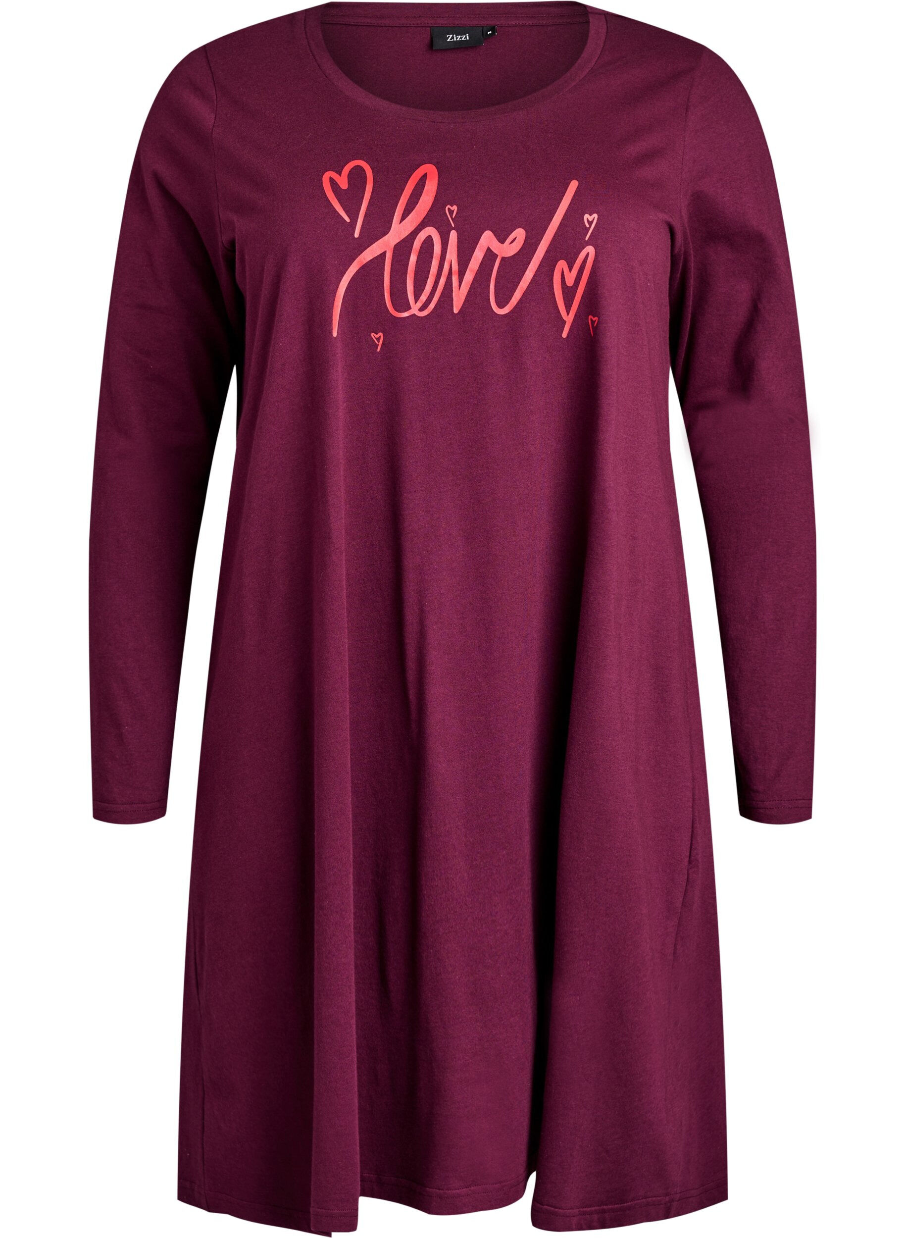 Zizzifashion Long-sleeved nightgown in organic cotton, Dark Bordeaux, Packshot image number 0