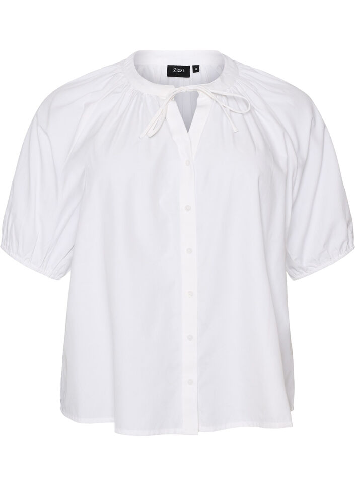 Shirt blouse with button fastening and tie-belt, White, Packshot image number 0