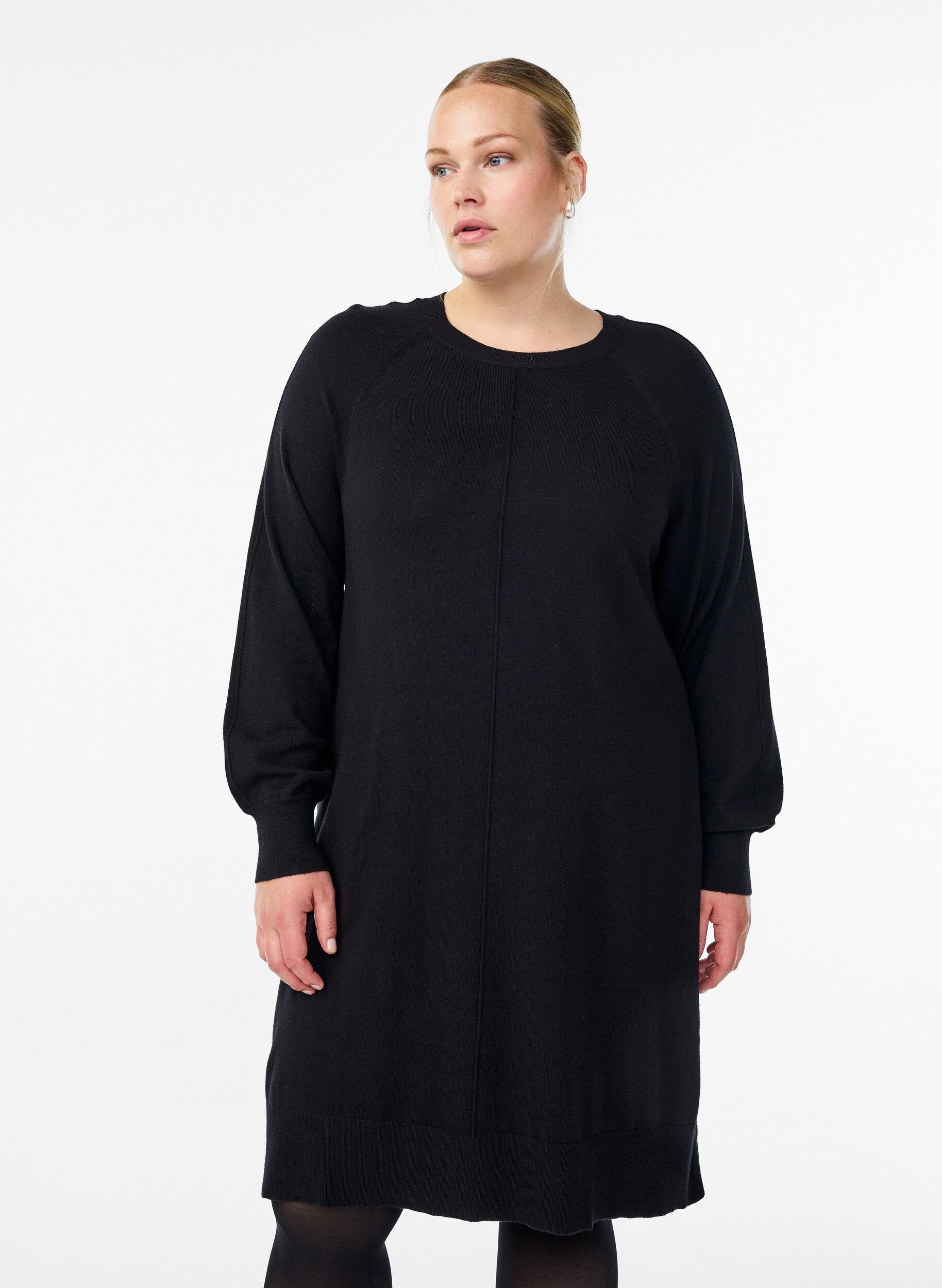 ZizzifashionShort knitted dress with raglan sleeves and a centre seam, Black, Model image number 0