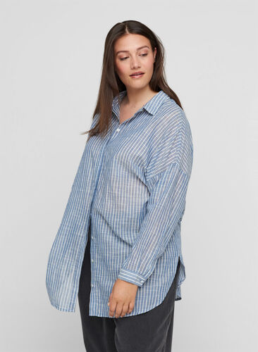 Long striped shirt in cotton, Country Blue Stripe, Model image number 0