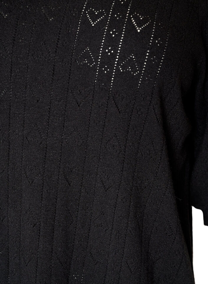 Short-sleeved knit blouse with a pointelle pattern, Black, Packshot image number 2