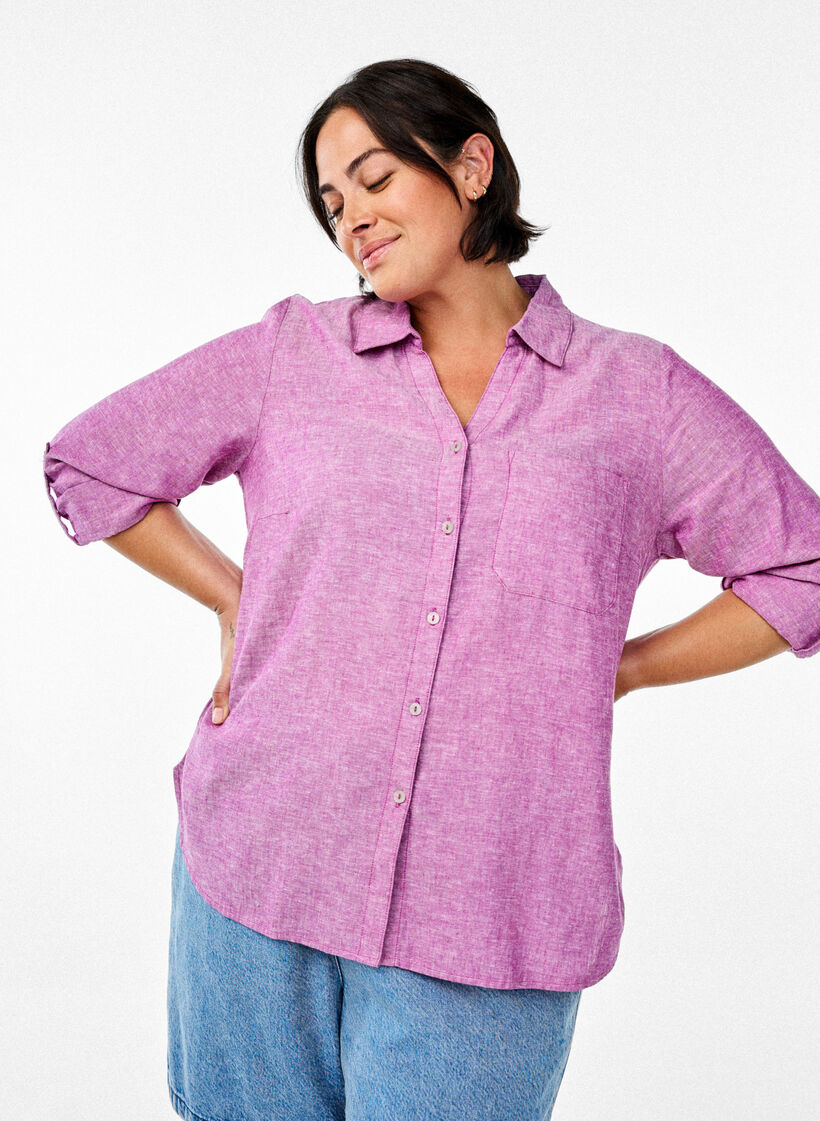Shirt in linen and viscose with 3/4 sleeves, Purple, Image image number 0