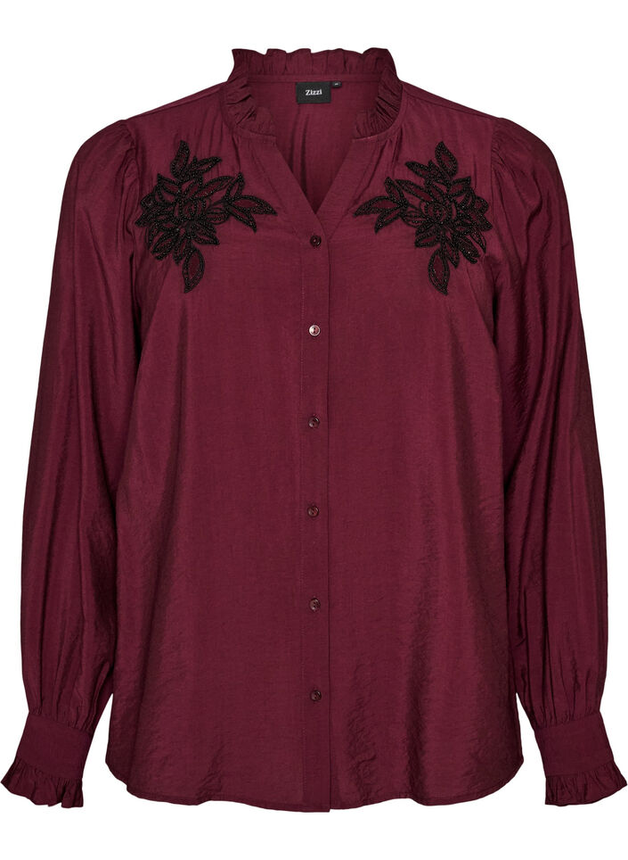 Shirt blouse with embroidered floral appliqu&eacute;s, Red, Packshot image number 0