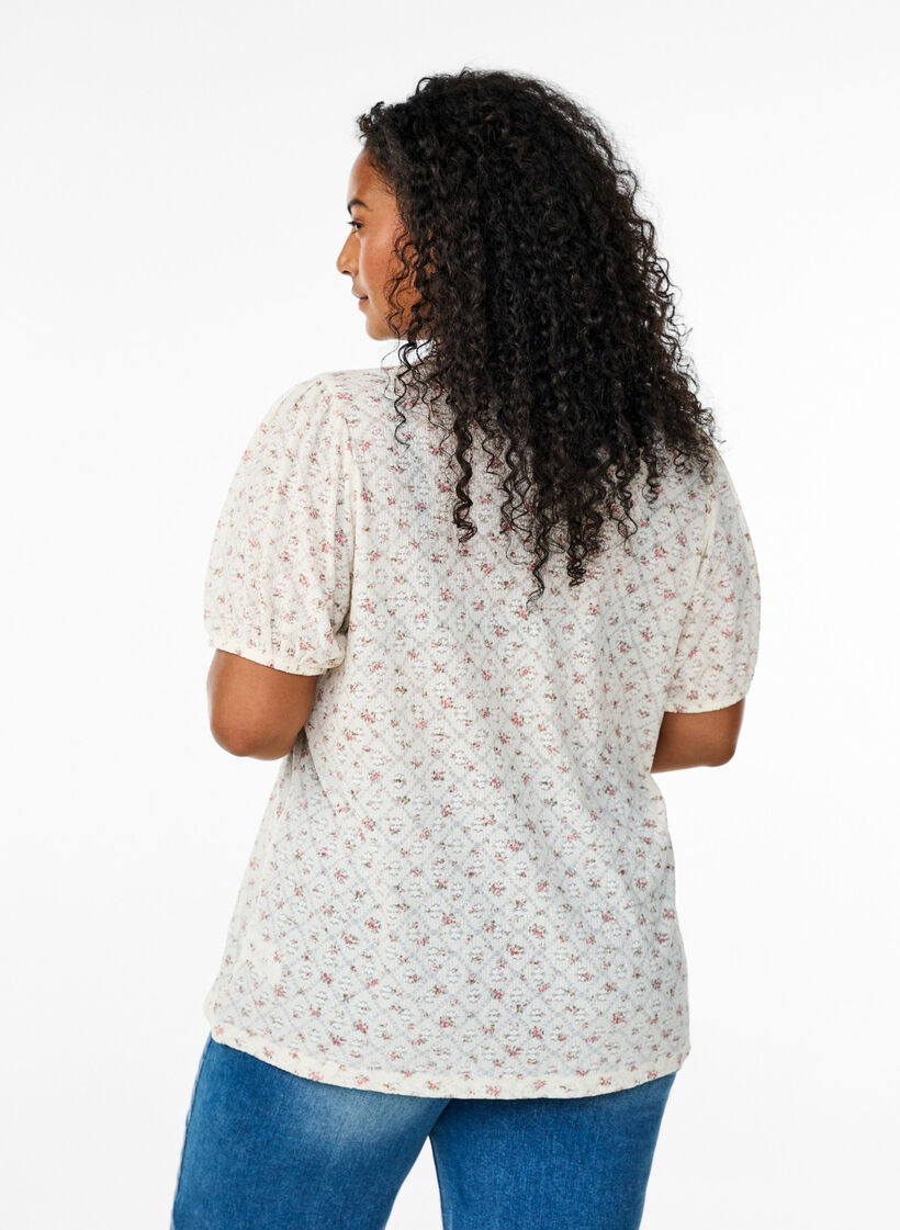Short-sleeved jersey blouse with floral print, White, Model image number 2