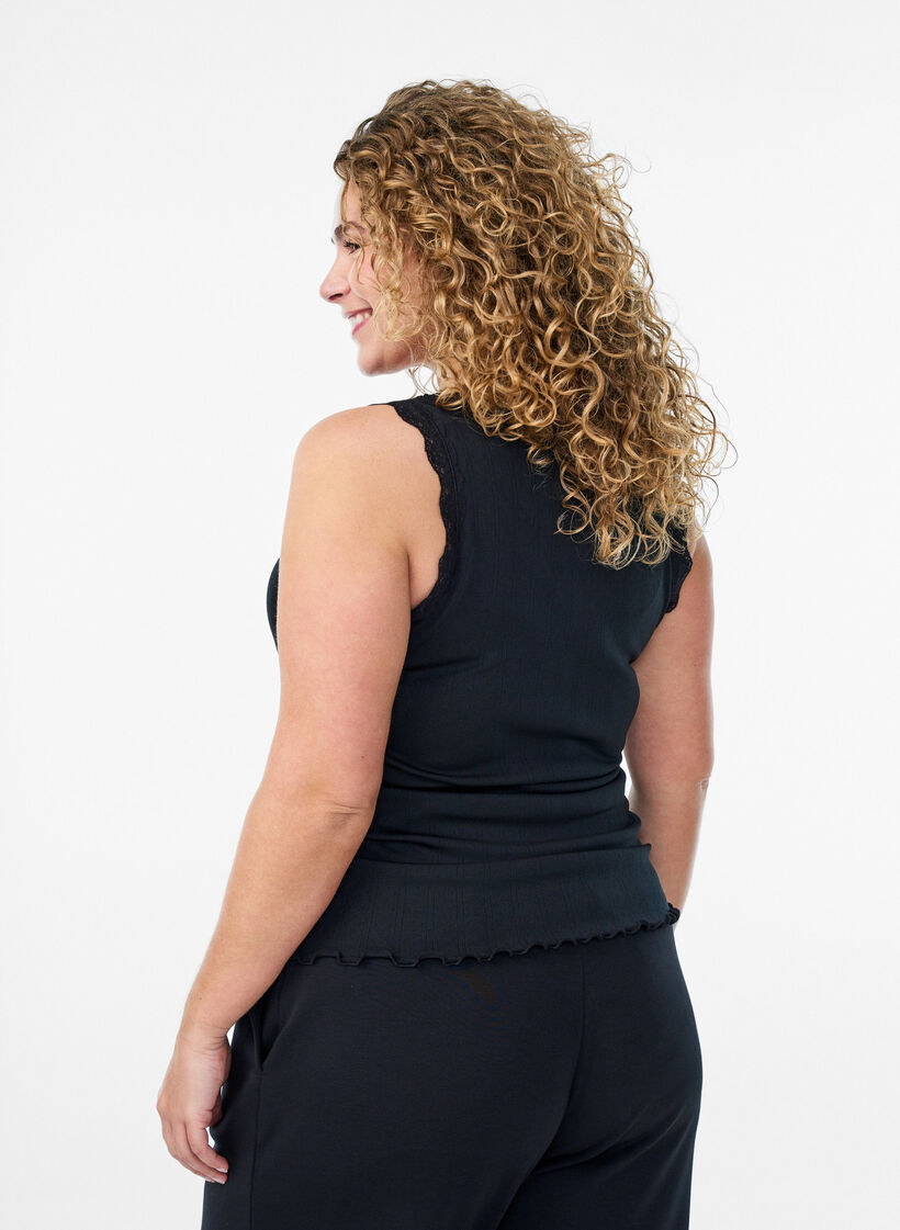 Tank top with lace trim and eyelet embroidery, Black, Model image number 2