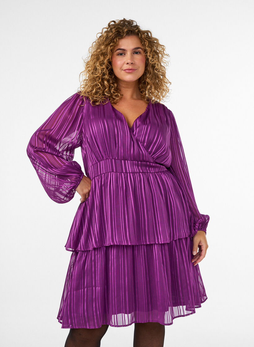 Knee-length dress with sheer stripes and wrap effect, Purple, Model image number 0