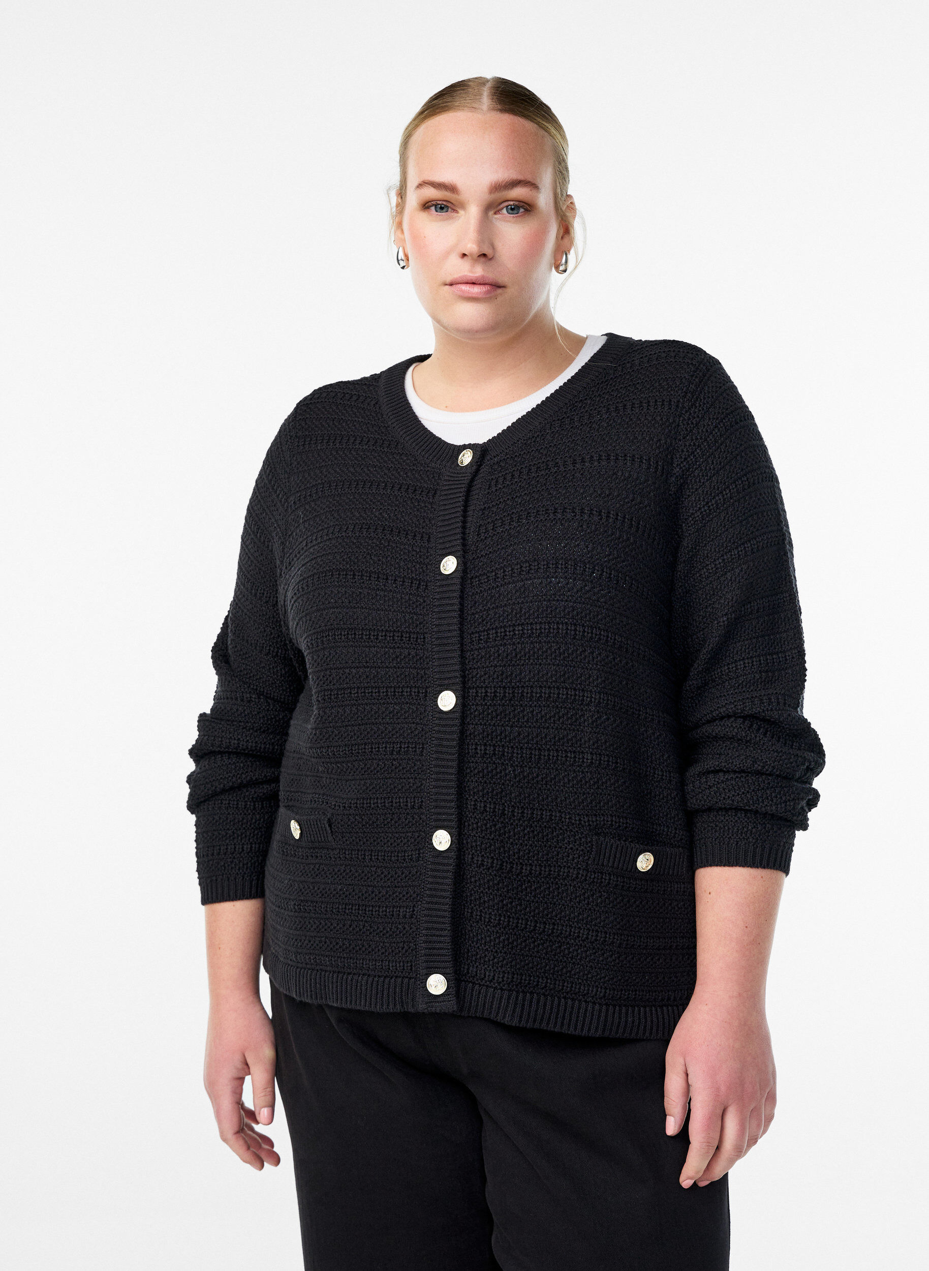 Cardigan with textured knit and decorative buttons, Black, Model