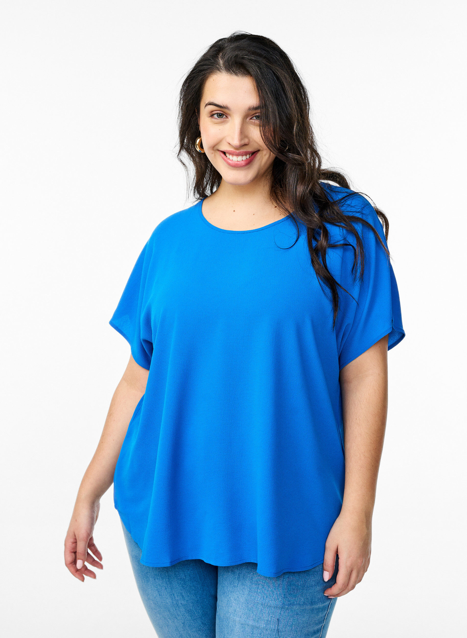 Zizzifashion Blouse with short sleeves and a round neckline, Blue, Model image number 0