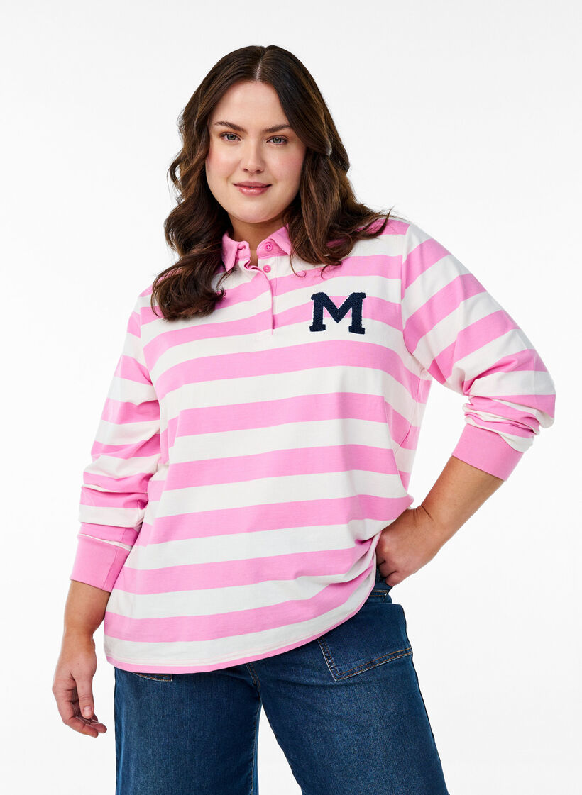 Striped polo shirt with terry detailing, Bubblegum w. White, Model image number 0