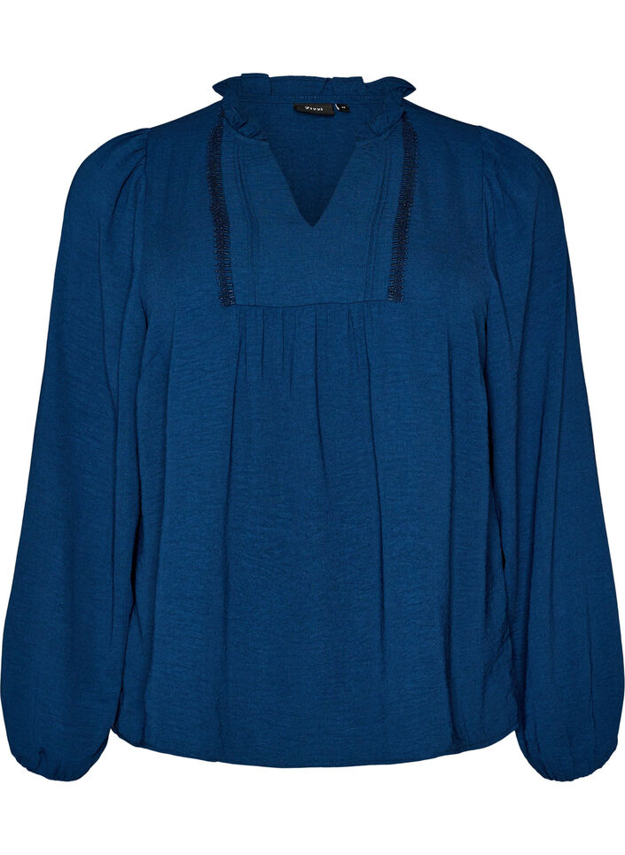 Blouse with V-neck and crochet band, Blue, Packshot image number 0