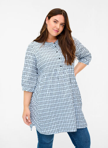 Checkered shirt tunic with 3/4 sleeves, Light Blue Check , Model image number 0