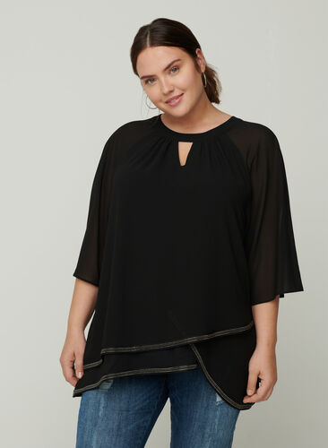 Blouse with 3/4 length sleeves and jewels at the hem, Black, Model image number 0