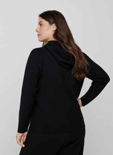Knitted blouse with a drawstring hood, Black, Model image number 1