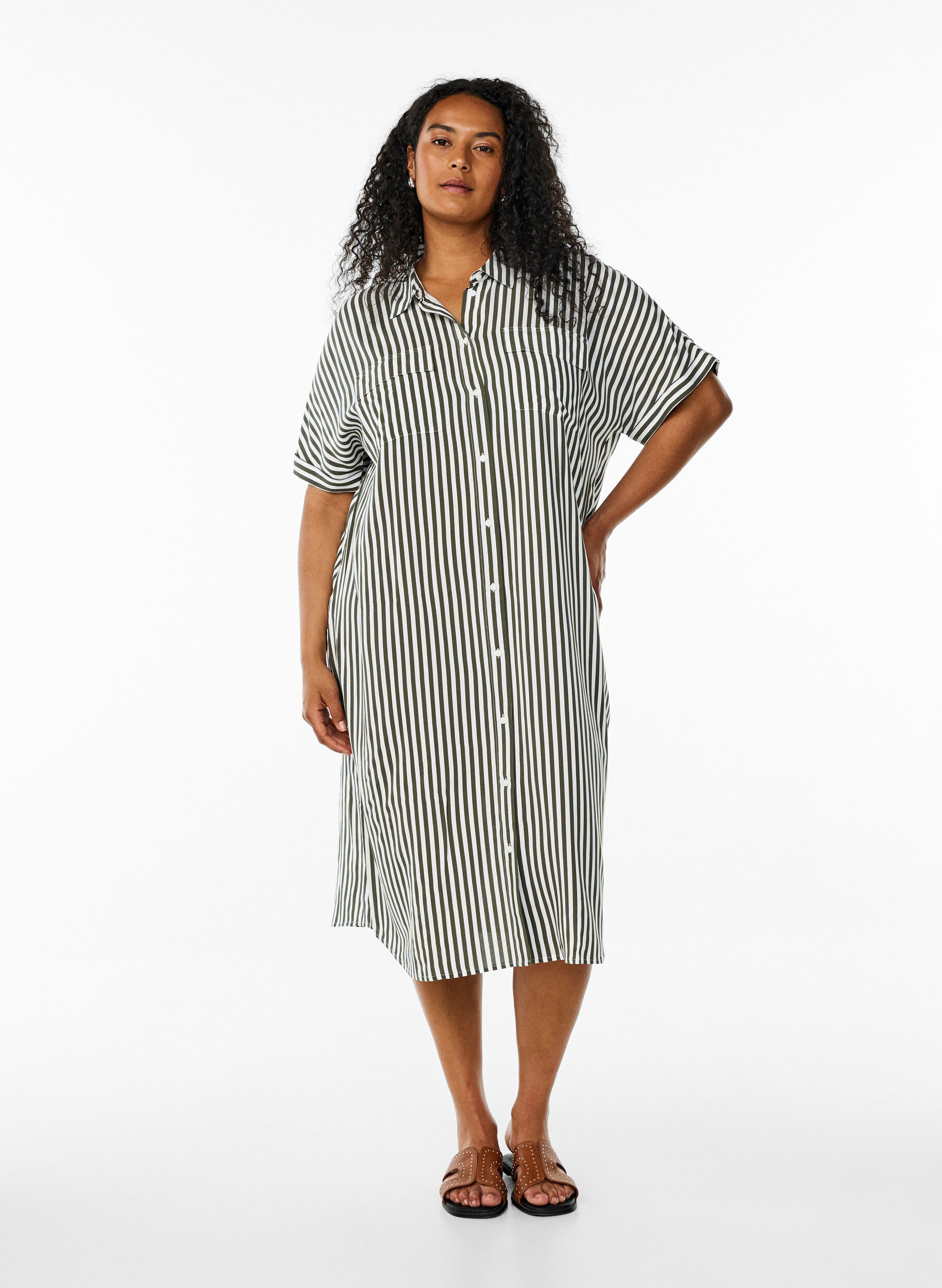 Zizzifashion Long shirt dress with short sleeves, Green, Model image number 1