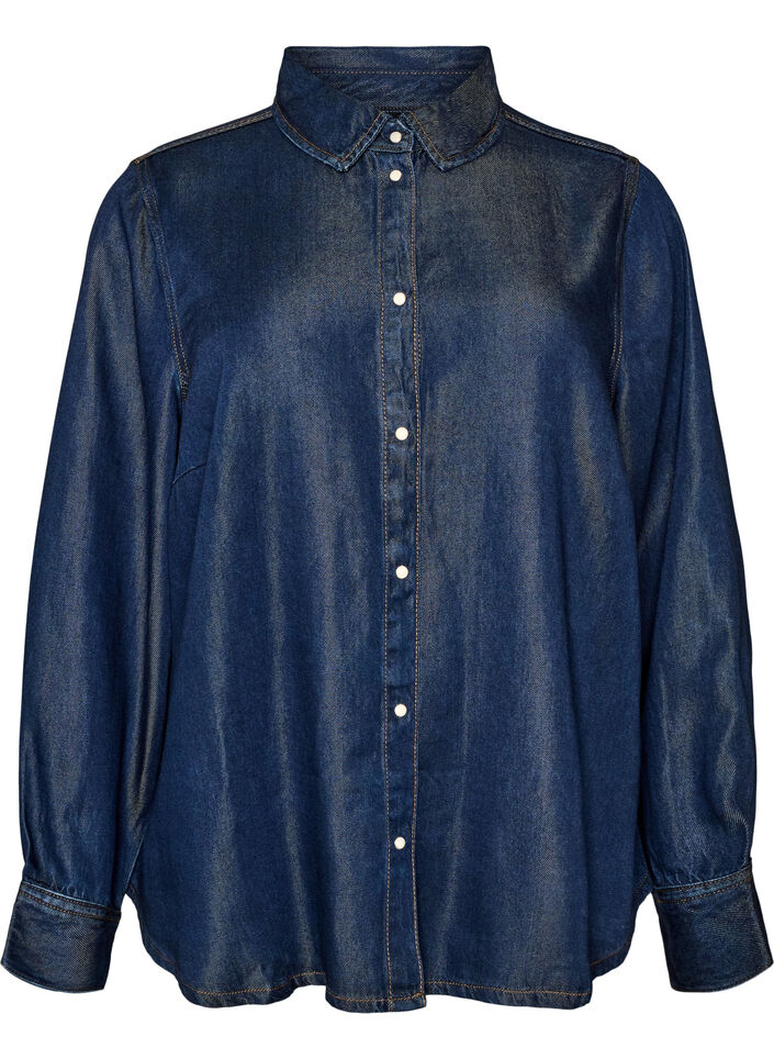 Denim shirt in lyocell with press studs, Blue, Packshot image number 0