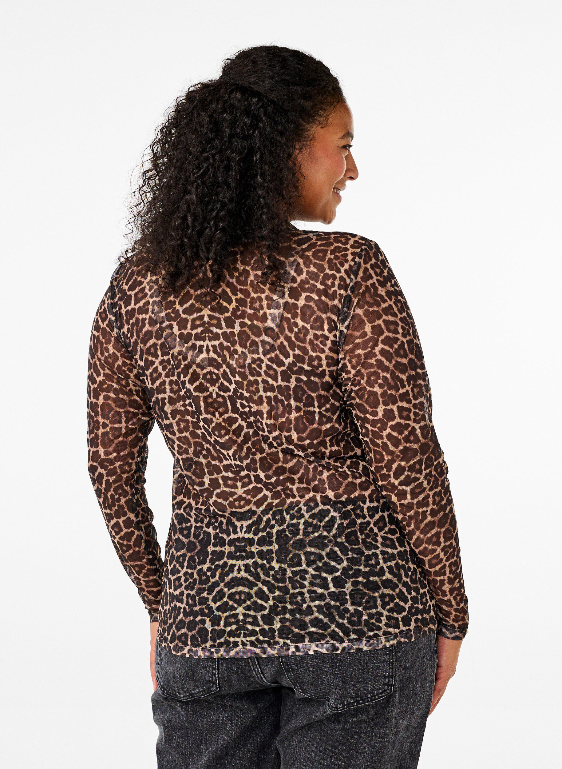Zizzifashion Mesh blouse with leopard pattern, Brown, Model image number 2